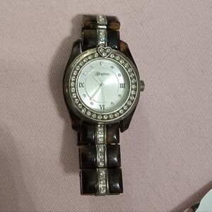 Brown and Silver Watch with Rhinestones